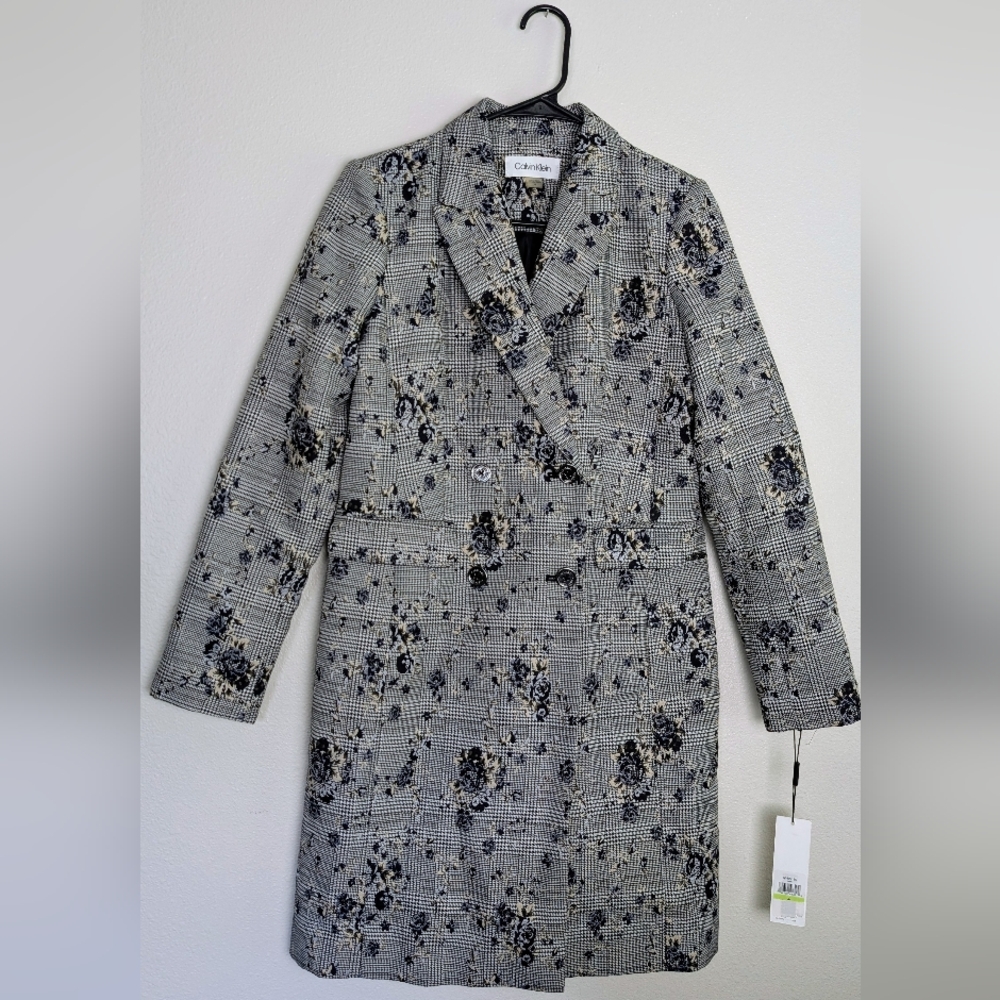 Calvin Klein 4 NWT Long Blazer Jacket Floral Houndstooth